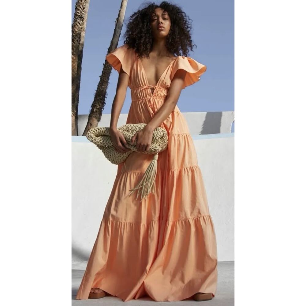 ALC Luca maxi dress nectar orange tiered v-neck flutter sleeves size 0 - Picture 12 of 12